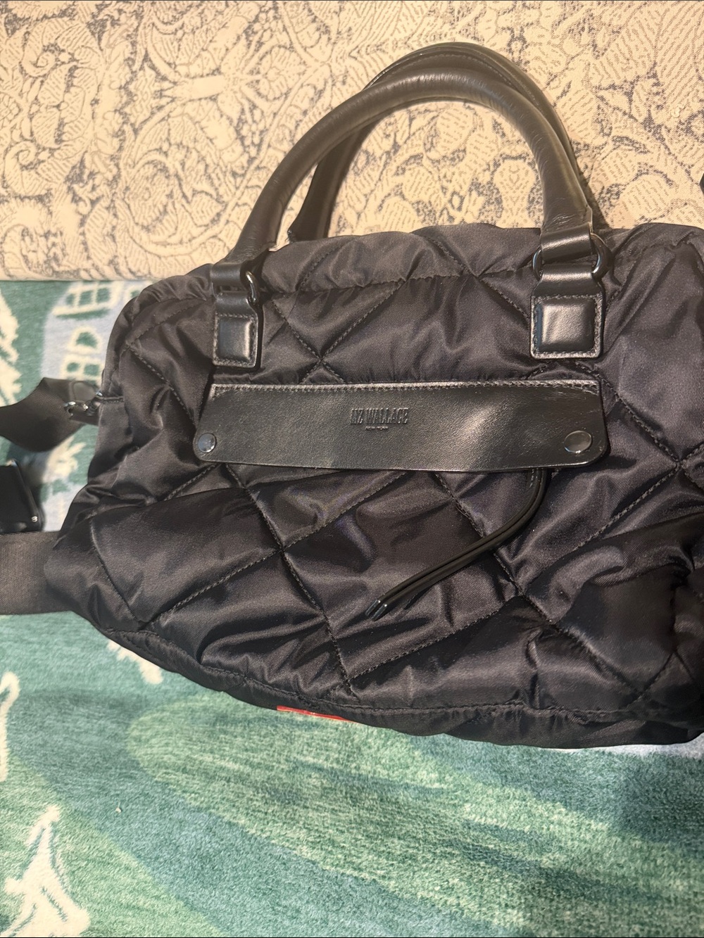 MZ Wallace Quilted Black Duffel with Leather Trim